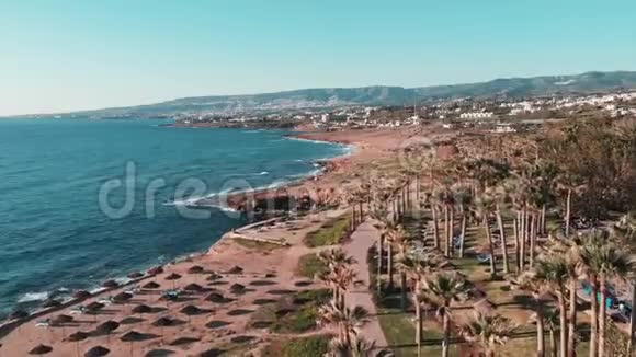 无人机用松树和棕榈树飞越酒店区域海浪撞击岩石海岸背景是山顶鸟瞰图视频的预览图