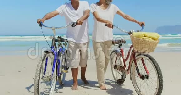 阳光下骑自行车在沙滩上行走的非洲裔美国老年夫妇前视4k视频的预览图