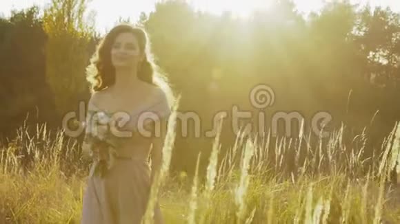 草原上新婚夫妇在阳光下相遇拥抱视频的预览图