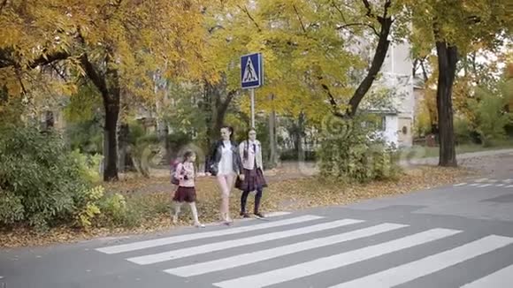 母亲和她的女儿要去上学在一个人行横道上过马路视频的预览图