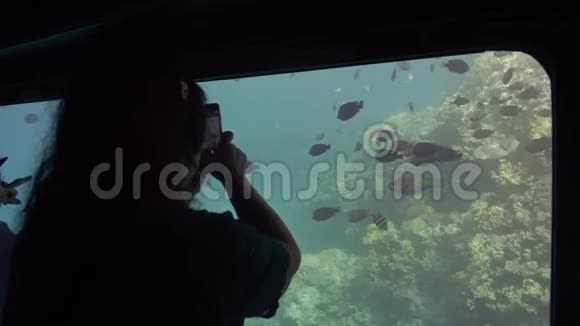 在一艘潜水艇上观看海底珊瑚礁的资深成年女性游客在智能手机上拍摄鱼视频的预览图