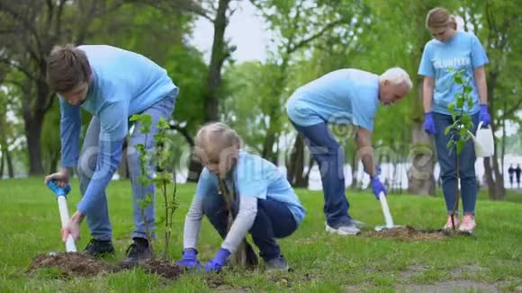 家庭环境志愿者互相微笑植树重新造林视频的预览图
