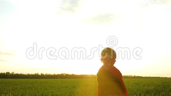 一个穿着超级英雄的孩子在夕阳下穿过绿草高兴和微笑视频的预览图