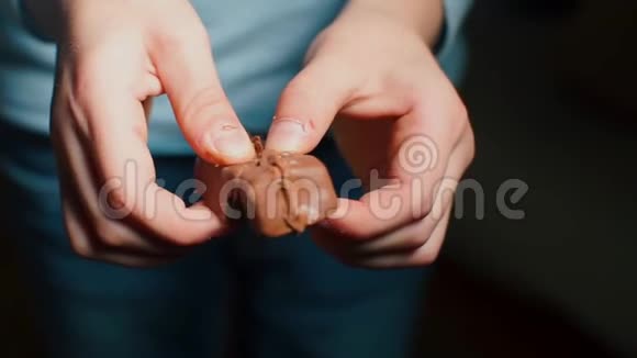 手的特写把巧克力棒弄裂了视频的预览图