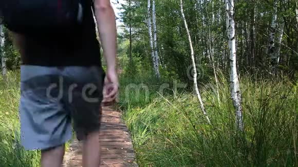 捷克共和国Soumarskeheath的青年男子穿着白色的帽子和短裤走在木路上视频的预览图