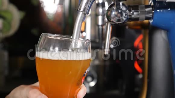 在黑色酒吧背景特写的玻璃中倒入啤酒和发泡慢动作把金啤酒倒进玻璃杯里视频的预览图