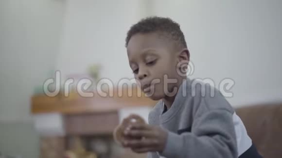 小非洲裔美国儿童咬和吃姜饼在客厅午餐的肖像妈妈视频的预览图