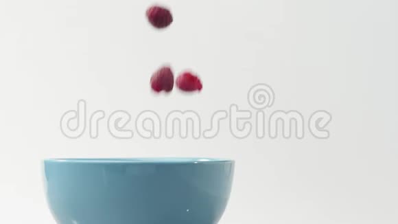 新鲜健康食品覆盆子掉进蓝碗里配上酸奶和鲜奶油鲜果加鲜奶油视频的预览图