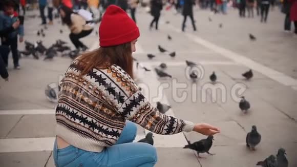 一个年轻漂亮的女人坐在广场上用手喂鸽子视频的预览图