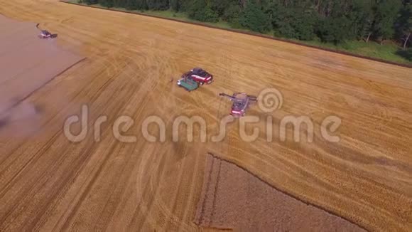 三台联合收割机在田间收割小麦4K的空中广角镜头视频的预览图