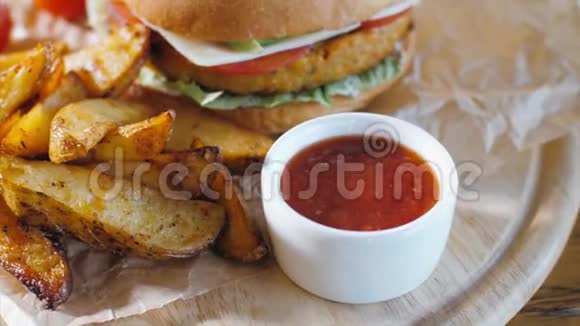 脆脆的土豆木板上有汉堡包快餐概念视频的预览图