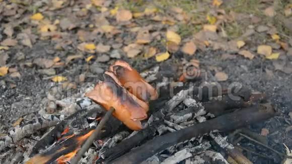 在夏日森林的篝火上烤着美味而芬芳的香肠视频的预览图
