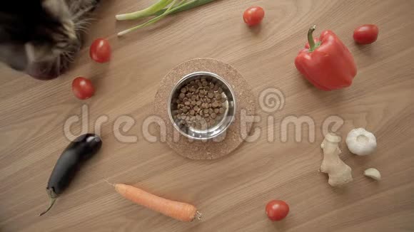 猫用新鲜蔬菜在木桌中央嗅着干粮视频的预览图
