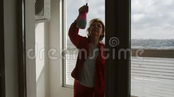 成熟的女人在室内的大窗户上喷洒窗户清洁剂侧视视频的预览图
