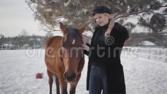 年轻的金发女人在农场里抚摸着美丽的棕色马的脸和鬃毛女士脱下帽子穿上马视频的预览图