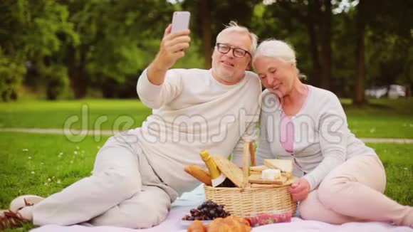 有智能手机视频聊天的高级情侣野餐视频的预览图