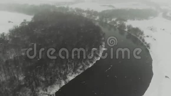 飞越美丽的冬河和雪林视频的预览图