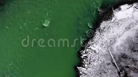 头顶上的空中摄像机捕捉到翡翠河和白雪覆盖的海岸上的松树视频的预览图