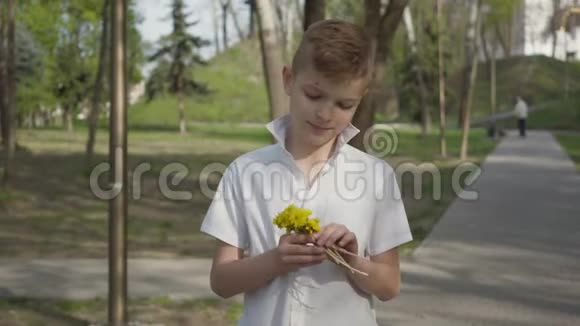 小男孩拿着蒲公英的花等着给人一束花户外娱乐活动视频的预览图