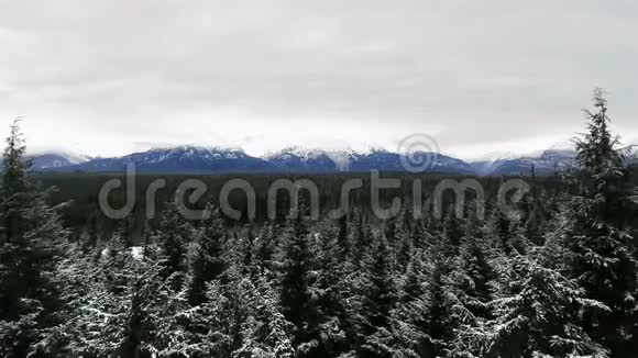 一架无人机照相机在寒冷的一天沿着雪山的顶端滑行视频的预览图