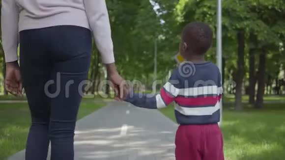 从不可辨认的非洲裔美国妇女与她的小儿子牵着手在公园里散步可爱的儿童视频的预览图