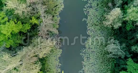 两艘皮艇正沿着一条风景优美的河流航行空中景观视频的预览图