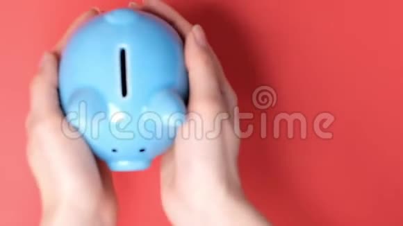 小猪银行生意一只手把硬币放在红色背景上的储蓄罐里存钱是一种投资视频的预览图