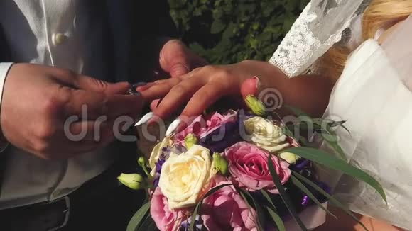 结婚典礼新郎和新娘在夏日公园的背景上互相戴上结婚戒指视频的预览图