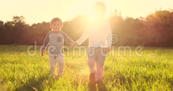 夏天两个兄弟在田野上散步在日落时分手牵着幸福和快乐的手视频的预览图
