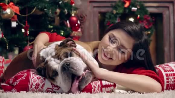 迷人的亚洲女孩爱和爱抚一个可爱有趣的斗牛犬在圣诞树下最好的朋友圣诞节新年视频的预览图
