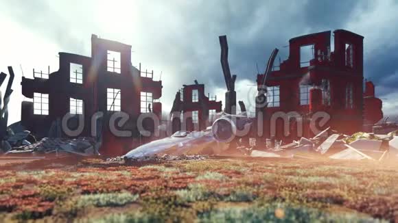 一艘坠毁的宇宙飞船在后世界末日毁灭的城市天启的概念逼真的动画视频的预览图