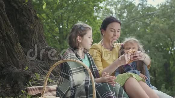 快乐的祖母和孙女在夏天公园野餐奶奶在大树旁抱着两个孙女视频的预览图
