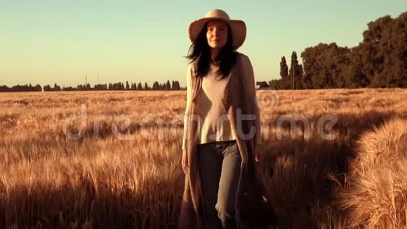 幸福的农夫在丰收的时候穿过田野金色的夕阳视频的预览图