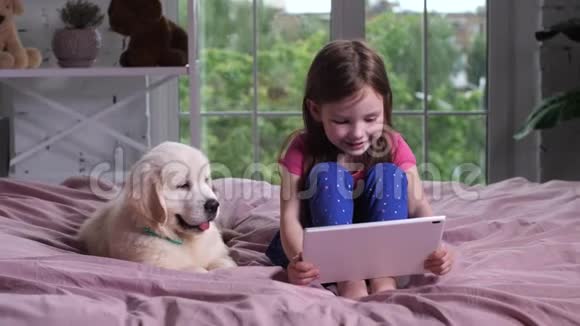 女孩看有趣的卡通宠物狗在室内视频的预览图