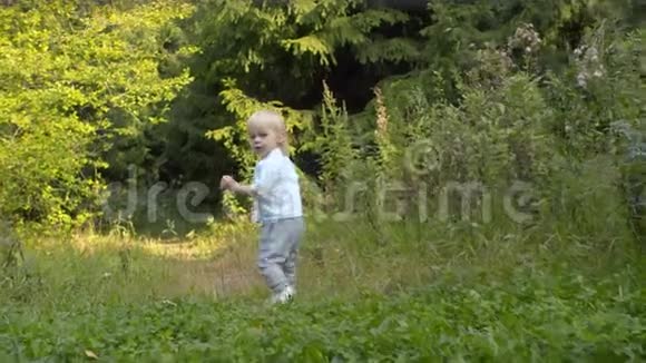 小男孩沿着森林里的小路走视频的预览图