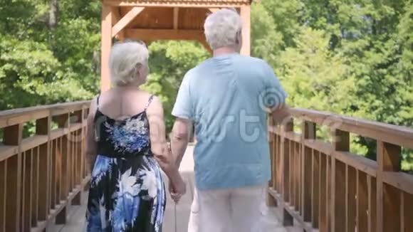 成熟的夫妇牵着手走在桥上优雅的高级女性穿着夏装丈夫花时间视频的预览图