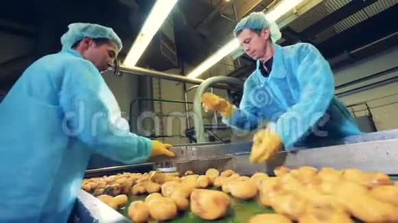 食品厂的工人在传送带上把土豆切成两半视频的预览图