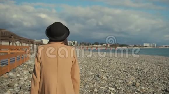 浪漫的女人在阳光明媚的秋日漫步在鹅卵石岸上视频的预览图
