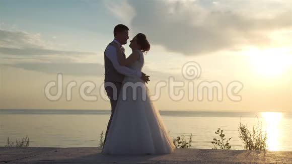新婚夫妇在日落海滩拥抱视频的预览图