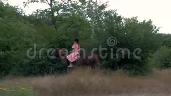 戴着防护头盔和粉红色连衣裙的年轻女孩骑着一匹棕色的马在树木和树叶的背景上4k4k视频视频的预览图