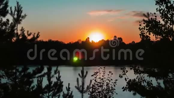 日落在湖和森林上的时间流逝蓝蓝和太阳的天空中的树木视频的预览图