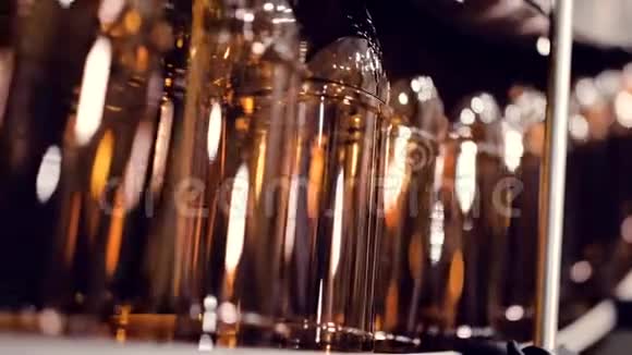 在一家啤酒厂用于装瓶过程的传送带上的深色PET瓶视频的预览图