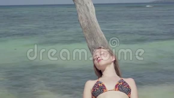 塞舌尔普拉斯林岛可爱的年轻女孩长发穿着泳衣睡在巨大的树干上可怕的景色视频的预览图