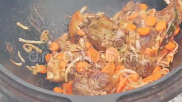 用胡萝卜和洋葱在大锅里烤肉视频的预览图