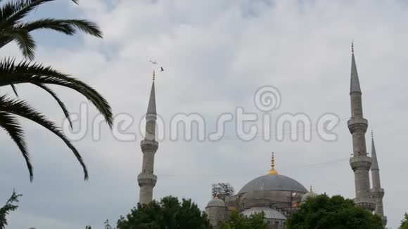 飞机飞越重建世界著名的蓝色清真寺在伊斯坦布尔土耳其视频的预览图