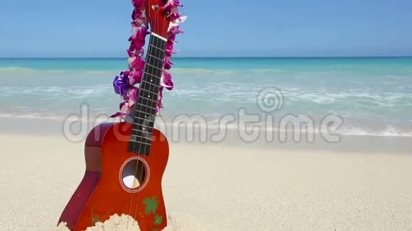 夏威夷瓦胡岛热带海滩上带四弦琴和雷的度假旅行概念视频的预览图