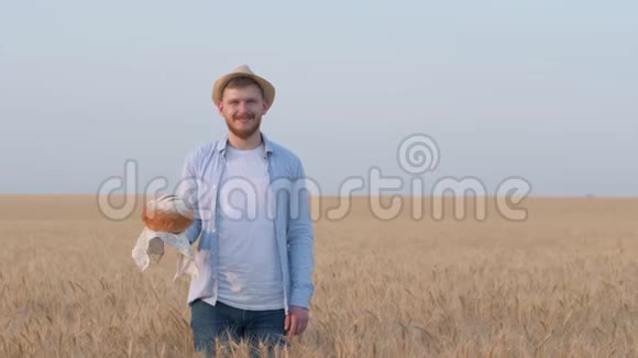 透视年轻的农学家快乐的家伙手里拿着面包闻闻它用手把麦粒展示出来视频的预览图