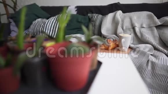 拉戈姆概念沙发咖啡和牛角面包自制的花盆在桌子上平静的内部视频的预览图