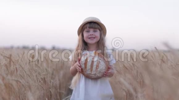 小可爱的小女孩咬着刚烤好的面包微笑着在金黄的麦田里吃视频的预览图