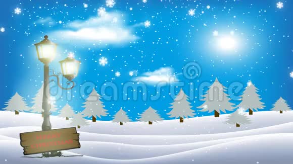 圣诞动画背景运动图形与bokeh闪闪发光雪花和闪耀的光在冰冻的雪景中视频的预览图